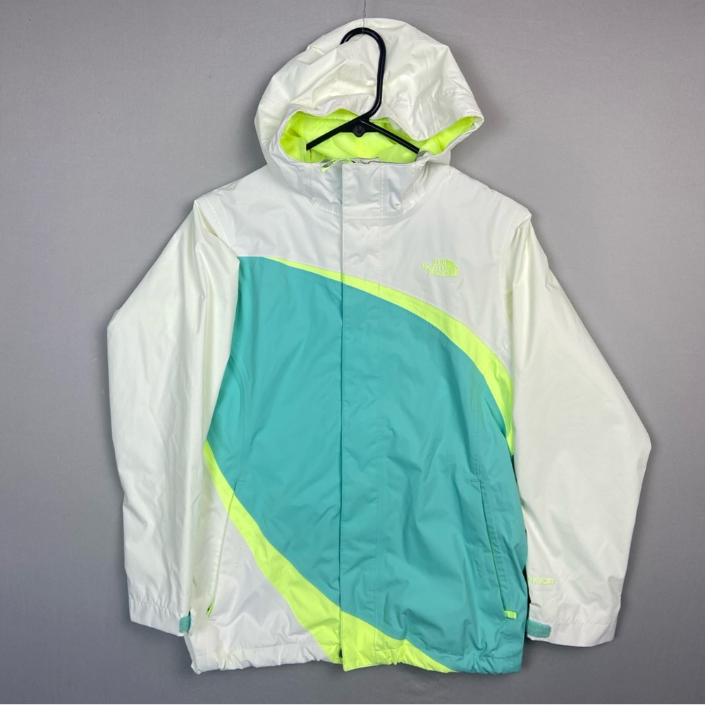 North Face HyVent Hooded Rain Jacket Girl's Large 14-16 White Green Windbreaker